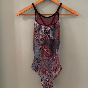 Eleve Dancewear Burgundy and Gray Floral Mesh Leotard
